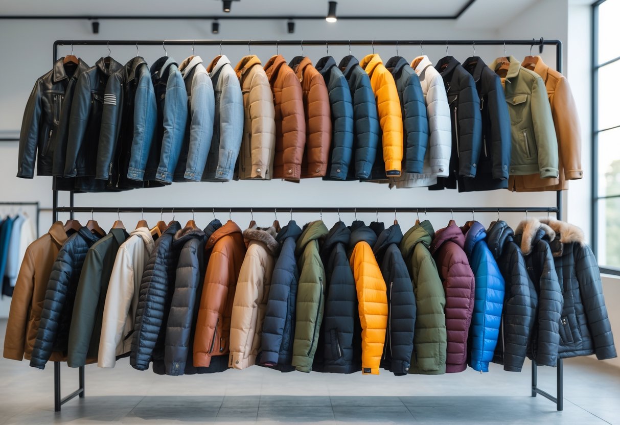 A showroom displaying a variety of 20 different jackets arranged on clothing racks.