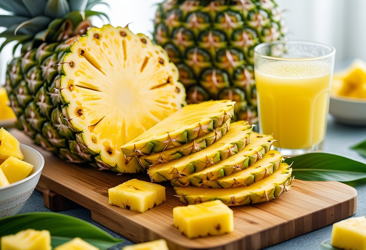 Fresh pineapple slices and chunks on a wooden cutting board with a glass of pineapple juice and green leaves.