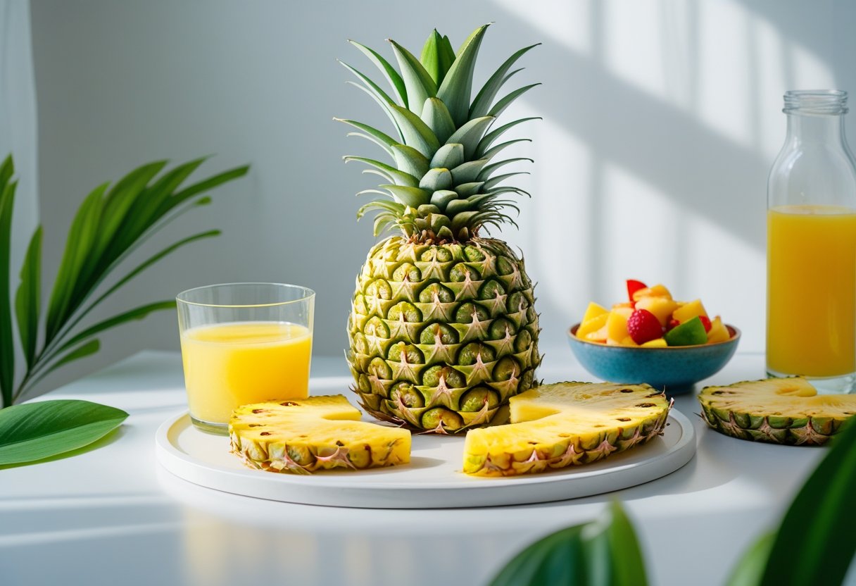 A fresh whole pineapple with green leaves and several pineapple slices arranged on a white surface with a glass of pineapple juice and tropical fruits nearby.