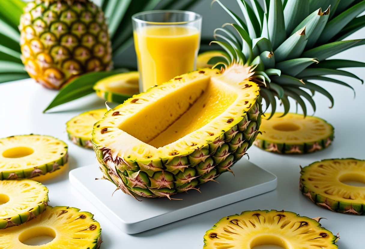 A fresh pineapple cut open with pineapple slices and a glass of pineapple juice on a white surface.