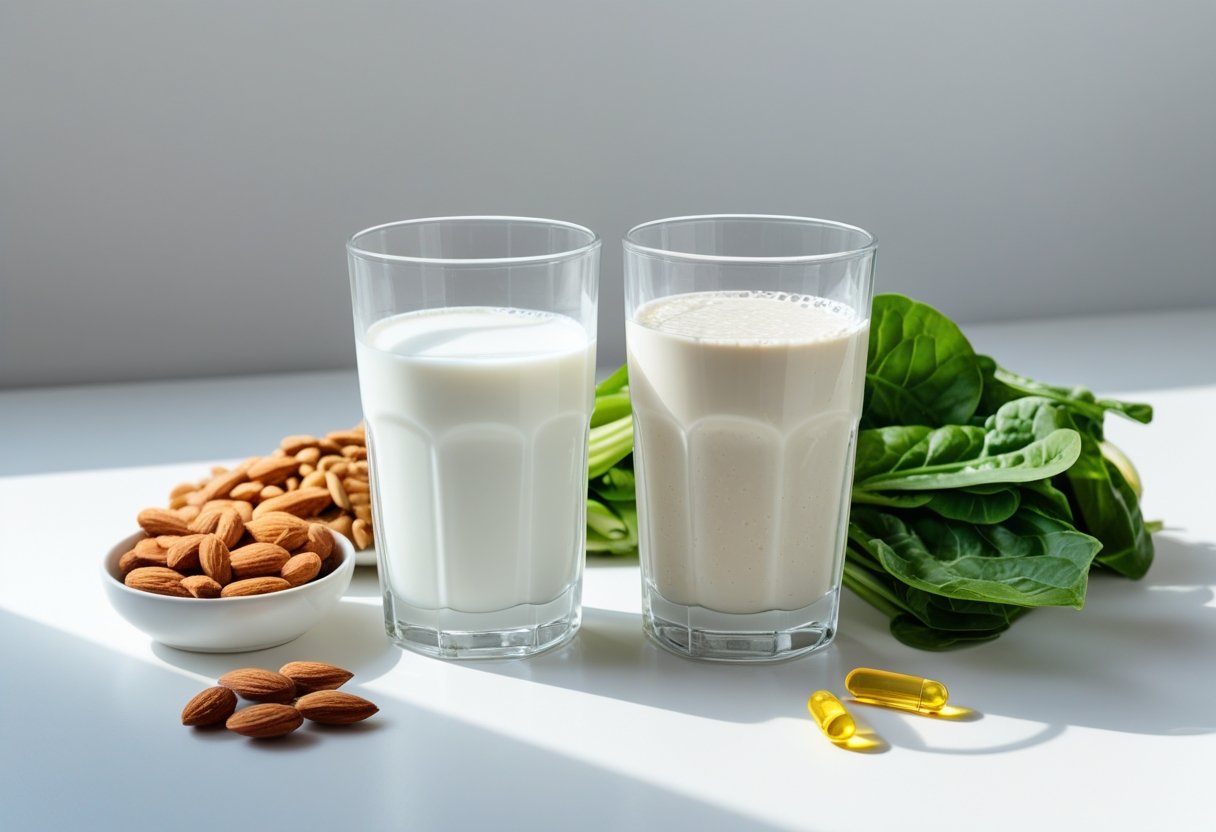 Two glasses of milk on a white surface surrounded by almonds, green leafy vegetables, and vitamin capsules.