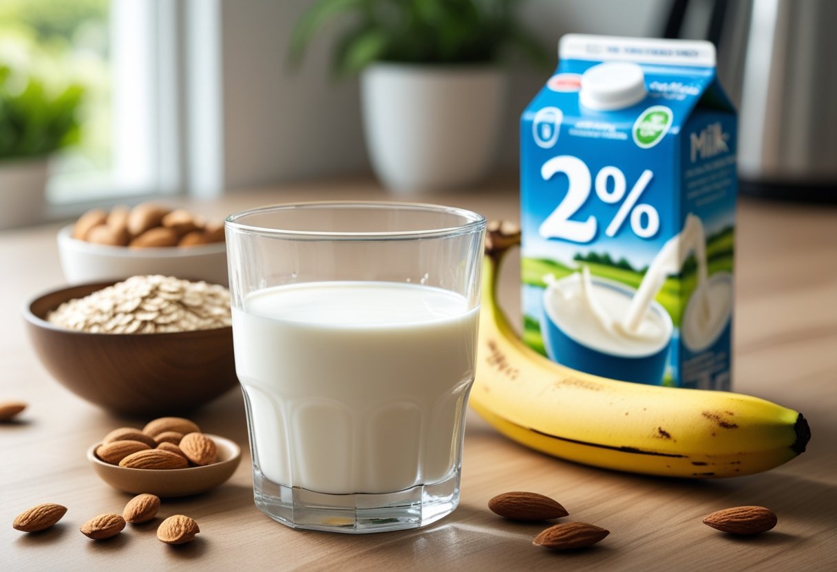 A glass of 2% milk on a wooden table surrounded by healthy foods like oats, almonds, and a banana in a bright kitchen.