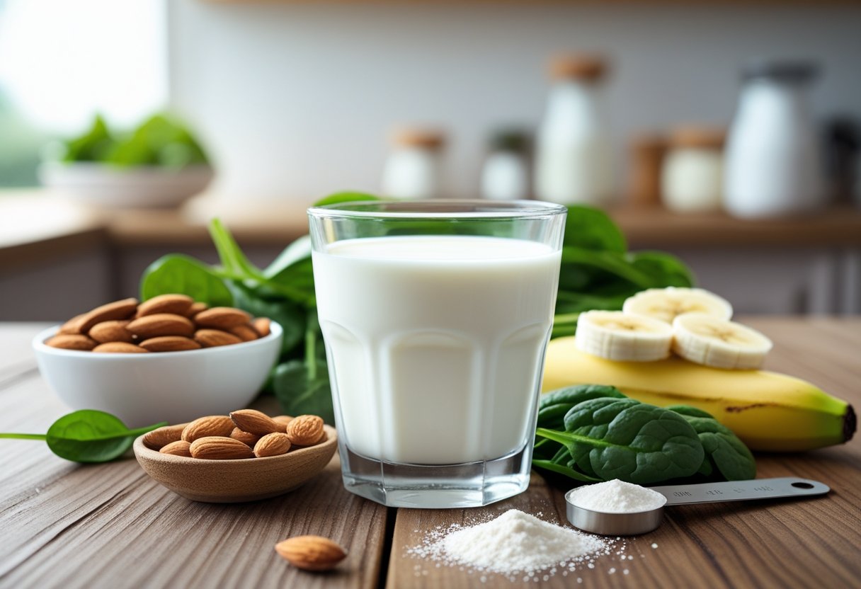 A glass of 2% milk on a wooden table surrounded by almonds, spinach leaves, a sliced banana, and a measuring spoon with calcium powder.