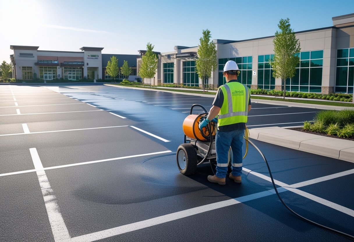 A worker in safety gear operating sealcoating equipment on a commercial parking lot with modern buildings in the background under clear daylight.