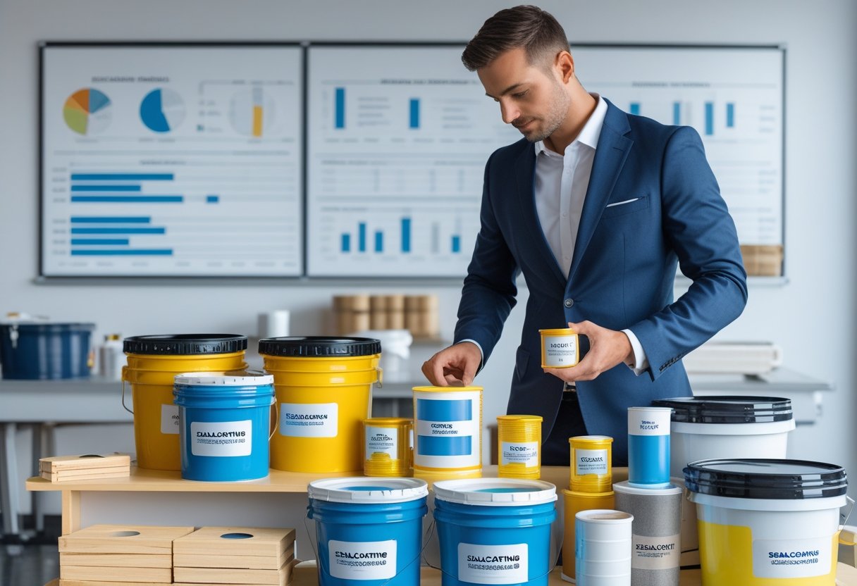 A business professional examines sealcoating materials on a table with various containers and charts in the background.