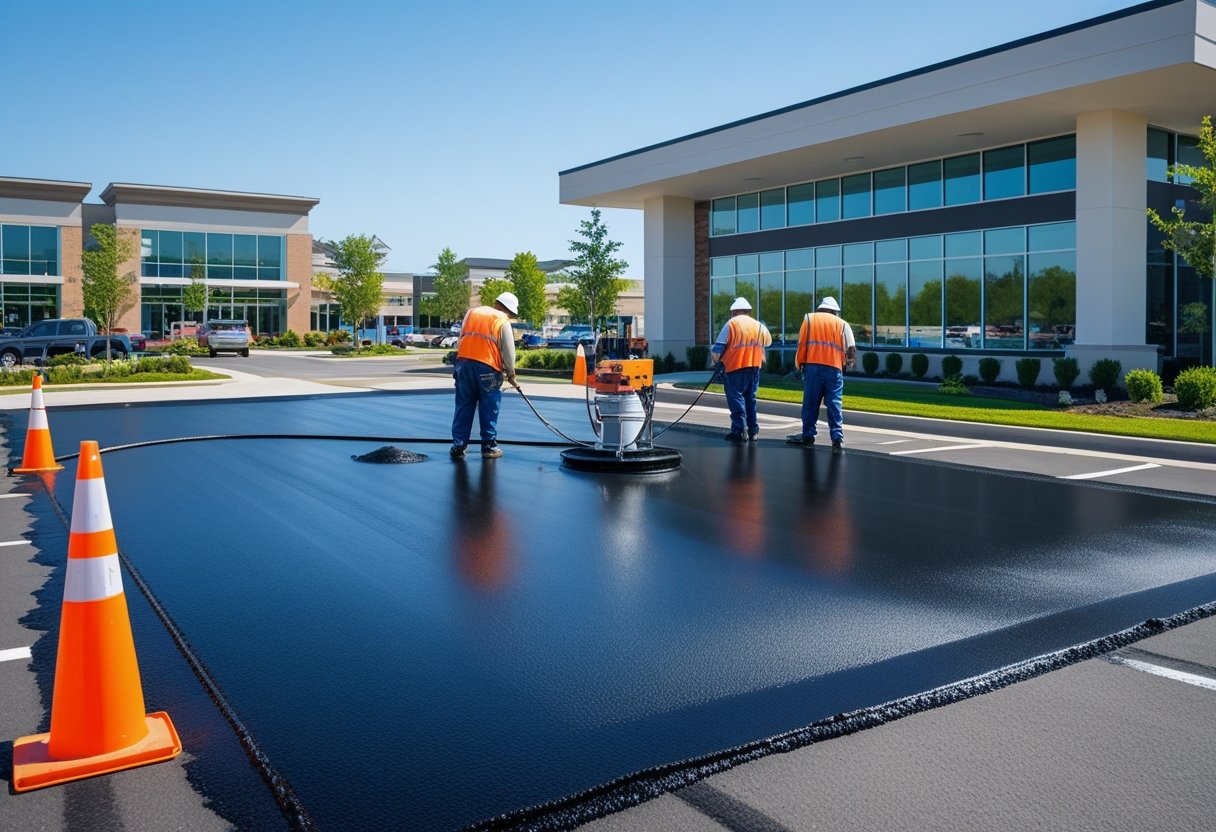 Workers applying sealcoat to a commercial parking lot near modern office buildings with safety cones around the area.