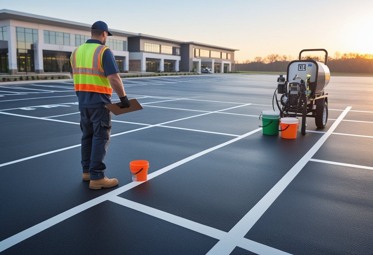 Worker inspecting a commercial parking lot with sealcoating equipment and modern buildings in the background.