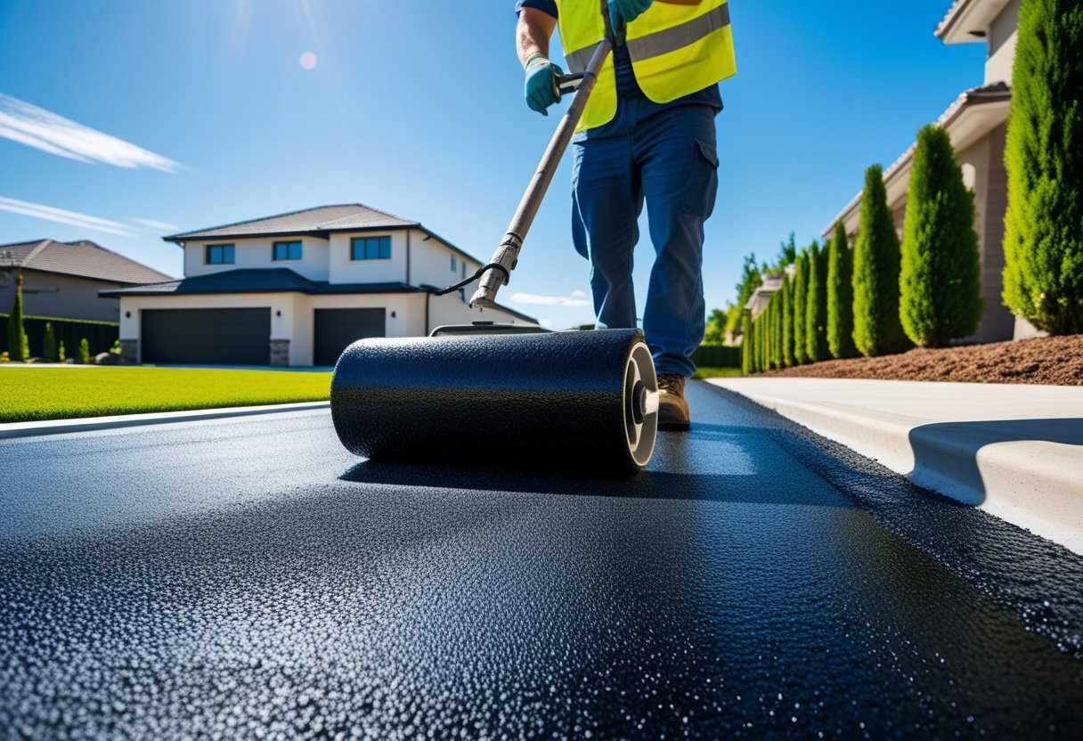 A worker applying black sealcoating to a driveway outside a suburban house on a sunny day.