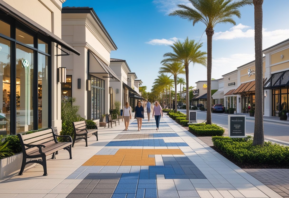 Outdoor retail area with shoppers walking on well-designed paved walkways surrounded by plants and shops.