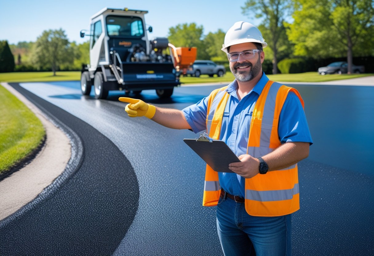 An asphalt paving expert in safety gear points at freshly sealcoated pavement with a sealcoating machine working in the background.