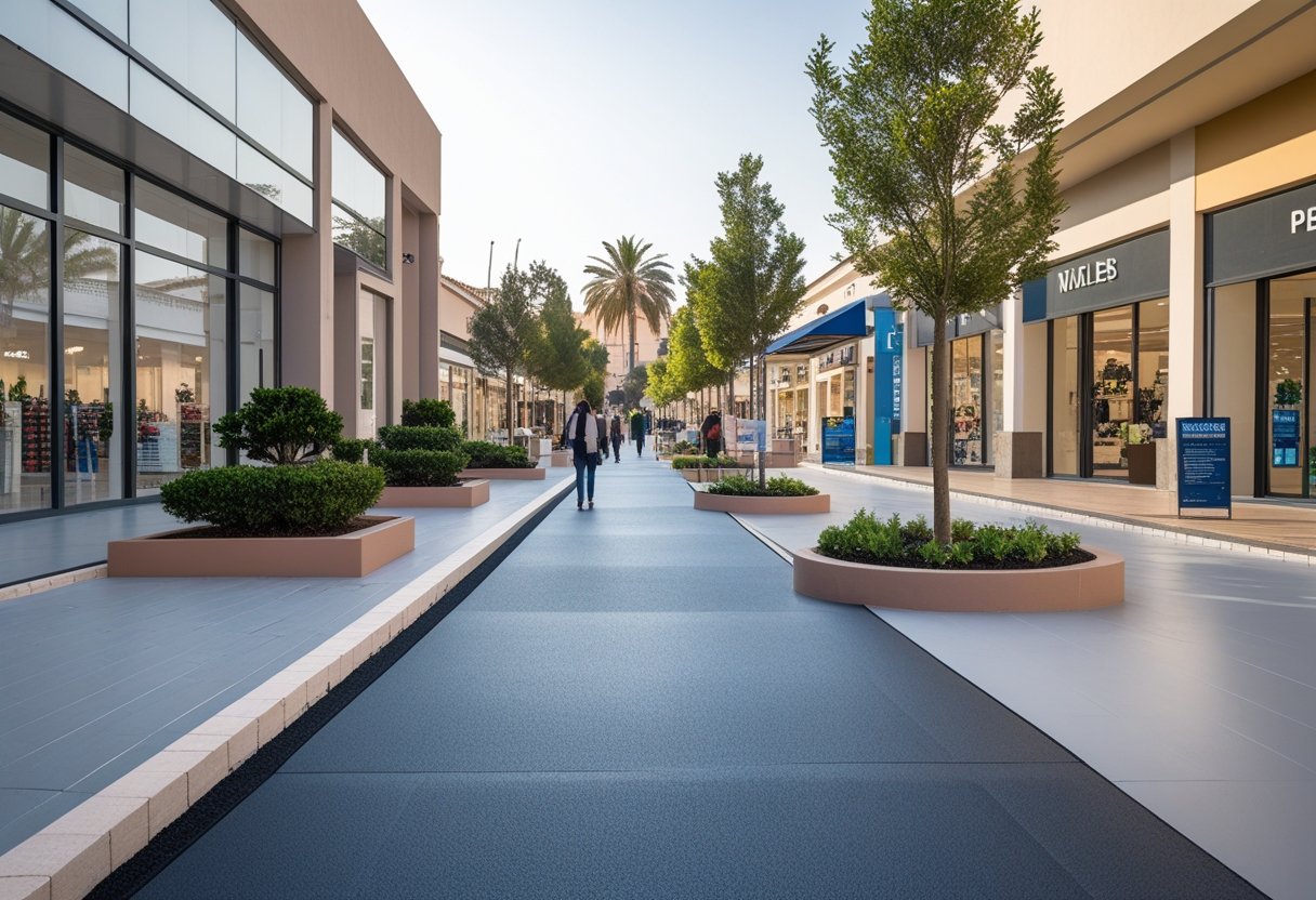 Outdoor retail area in Naples with newly paved walkways, storefronts, and shoppers walking along paths surrounded by trees and landscaping.
