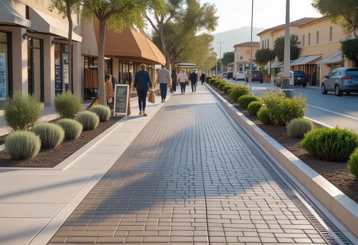 A pedestrian walkway in a retail shopping area in Naples with durable paving, small landscaped plants, and shoppers walking along the path.