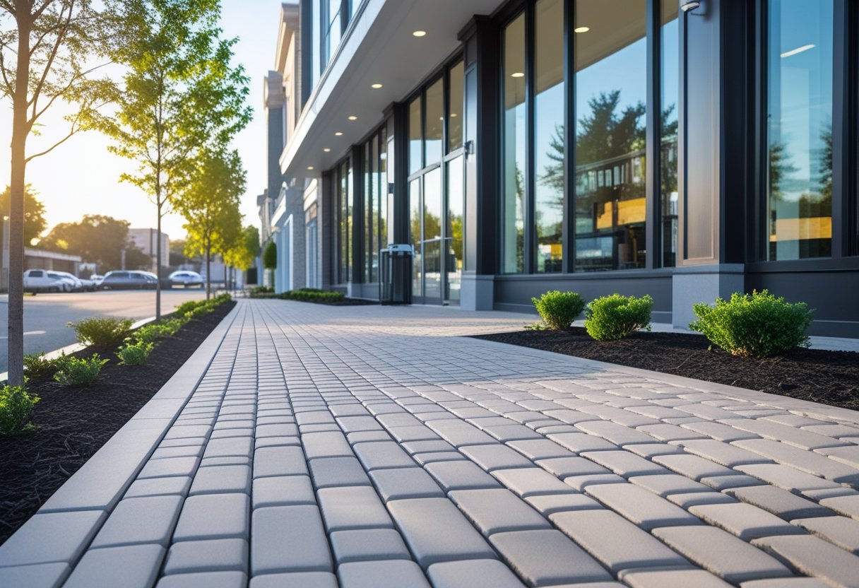 A storefront with a clean paved walkway and plants along the path leading to the entrance.