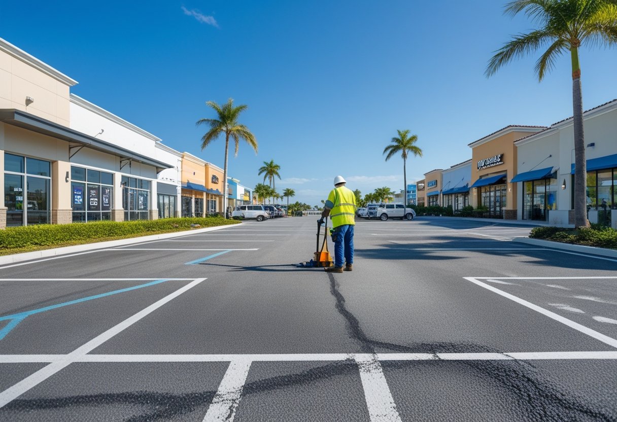 A clean retail parking lot with a maintenance worker inspecting the pavement near modern stores and palm trees under a clear blue sky.