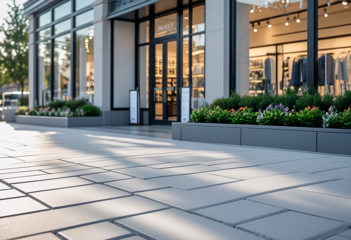 A modern retail storefront with clean, well-maintained paving and plants in front.