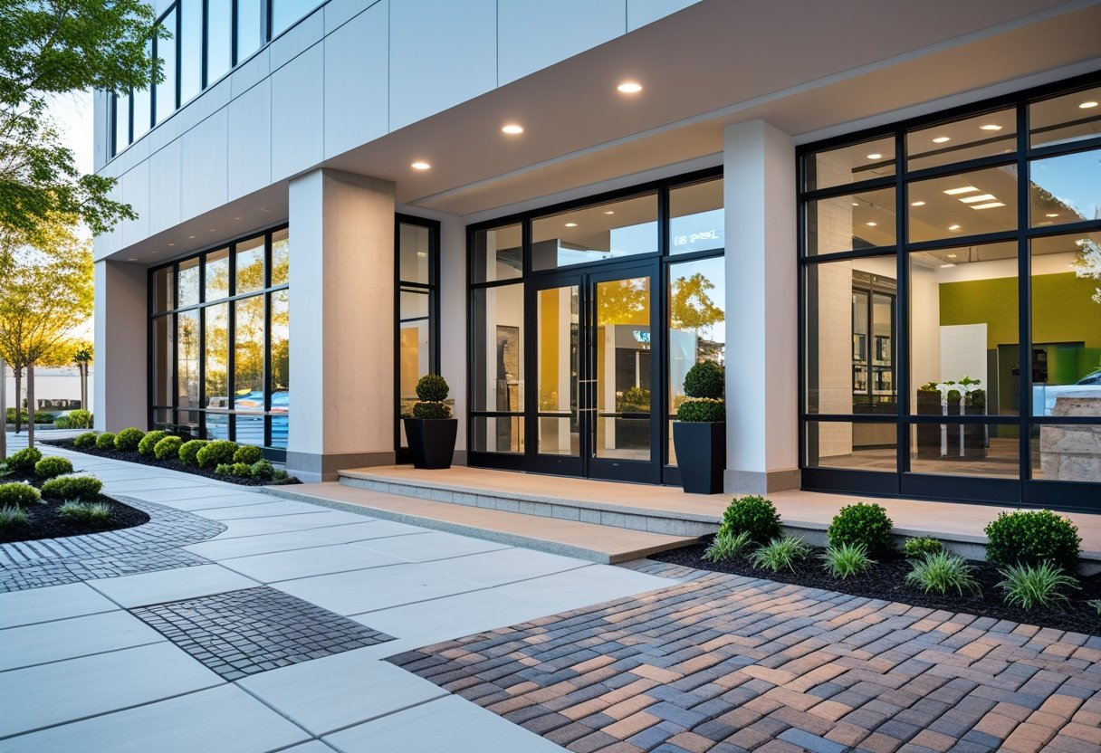 A storefront entrance with different types of paving materials and landscaping around it.