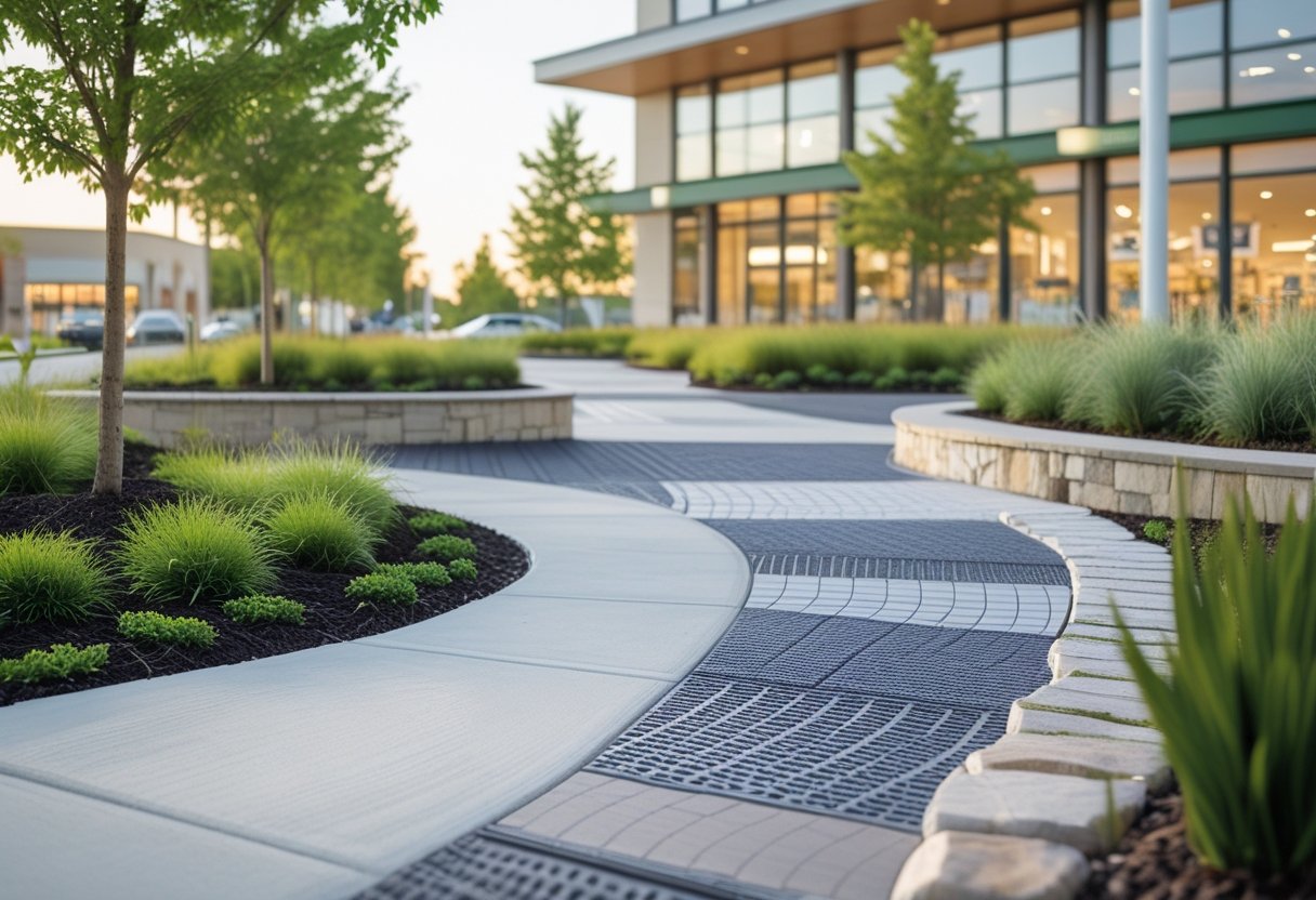 Outdoor walkway with eco-friendly paving materials and greenery in front of a modern retail building.