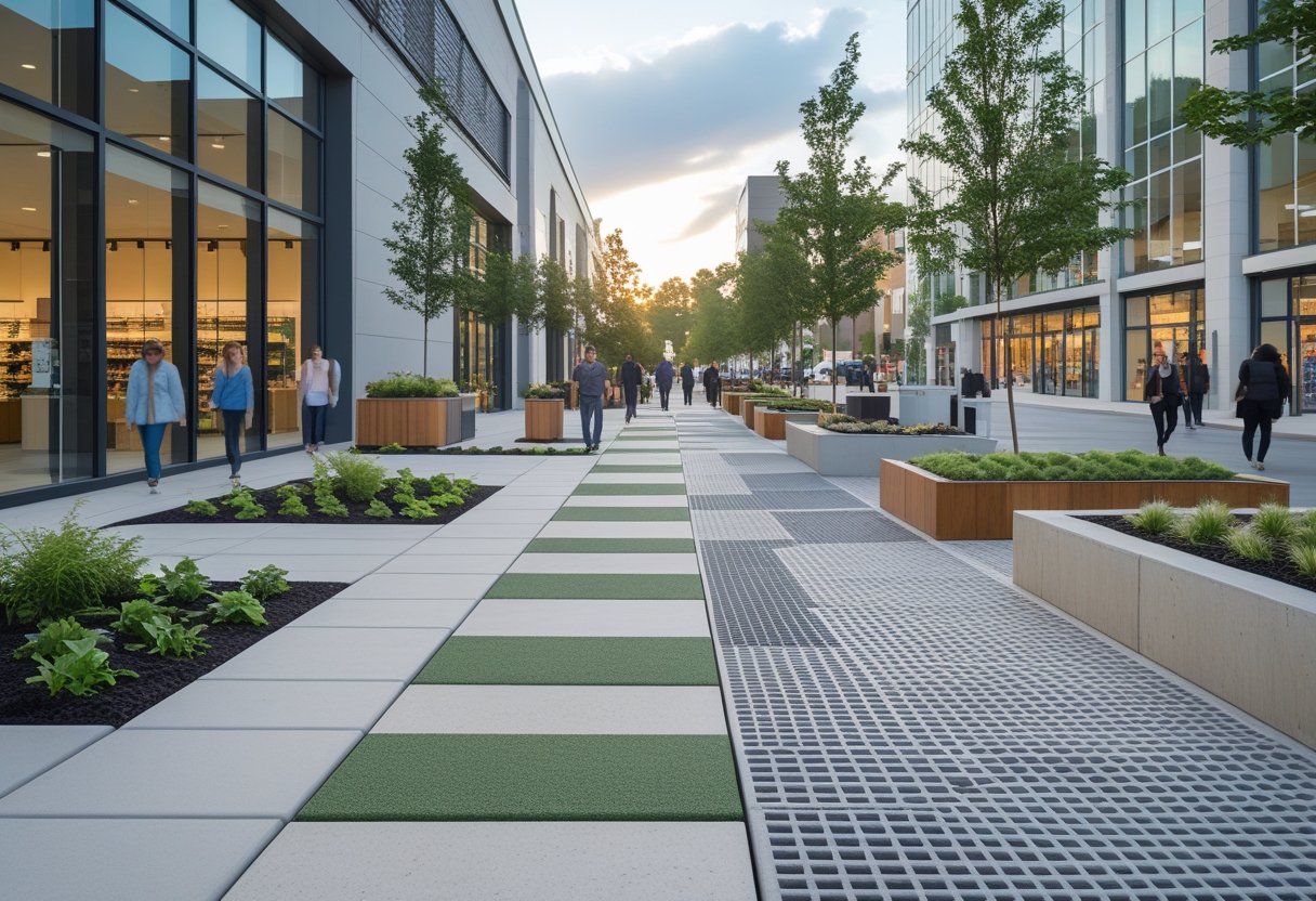 A retail development with eco-friendly paving materials, green plants, and people walking along a modern pedestrian walkway.