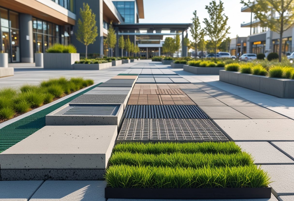 Various eco-friendly paving materials displayed outdoors in a retail development area with buildings and greenery in the background.
