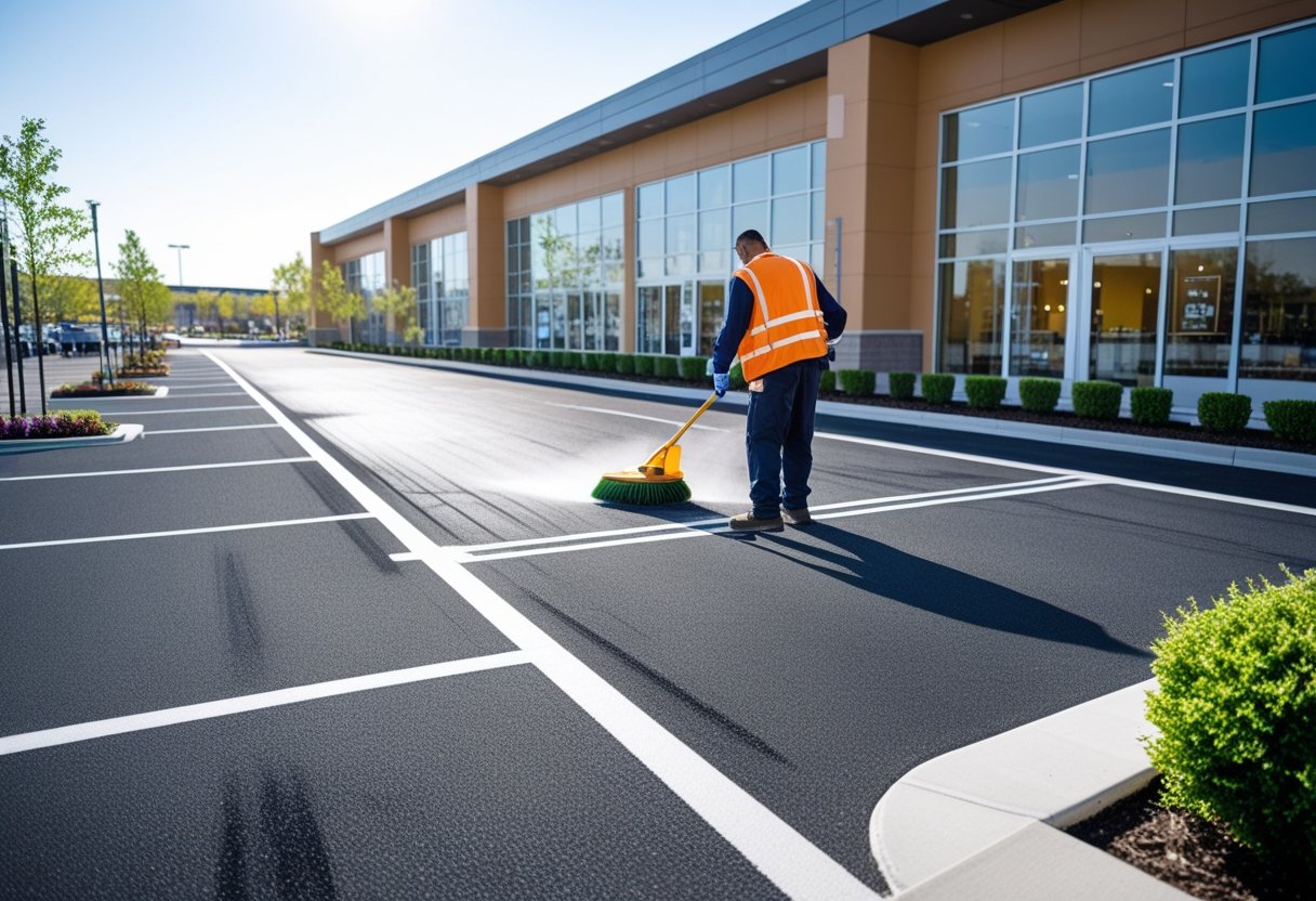 A maintenance worker cleaning a clean, well-kept paved retail parking area with storefronts in the background.
