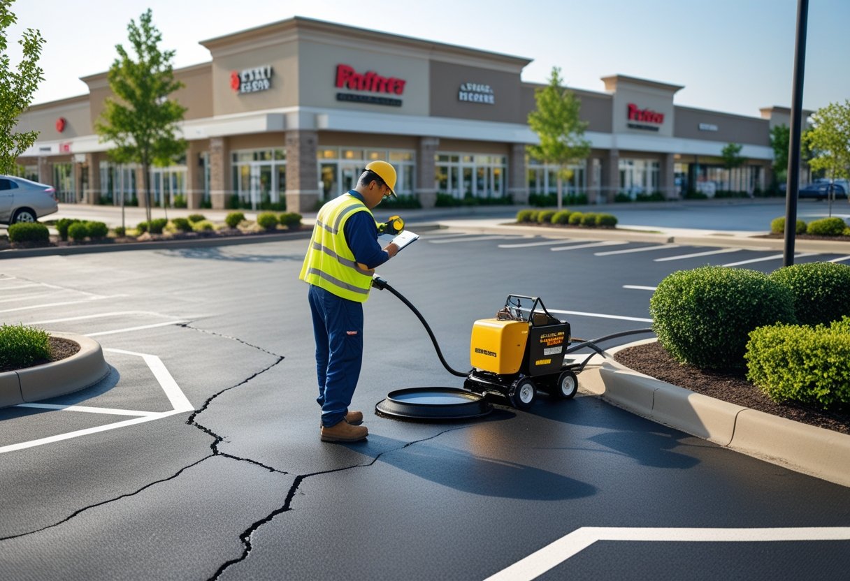 A maintenance worker inspecting a paved retail parking lot while another applies sealant, with retail stores and landscaping in the background.