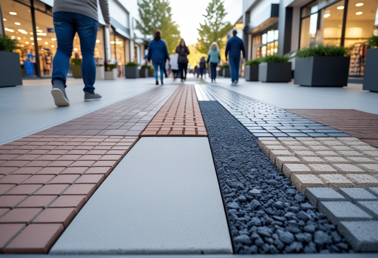 Outdoor retail area showing different types of paving materials side by side with people walking nearby.