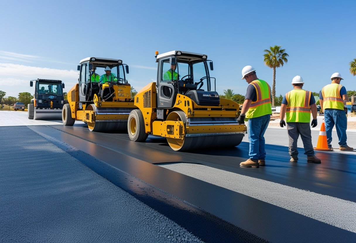 Construction workers operating heavy machinery to pave a large outdoor surface under a clear sky with palm trees in the background.