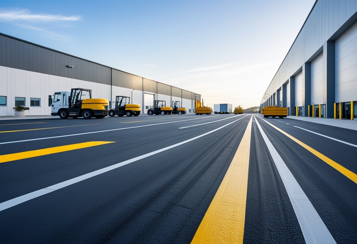 Freshly paved industrial area with commercial trucks and forklifts near modern business buildings under a clear sky.