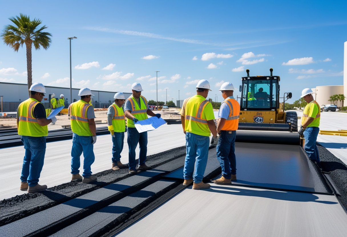 Construction workers in safety gear paving an industrial area with heavy machinery near palm trees and industrial buildings.