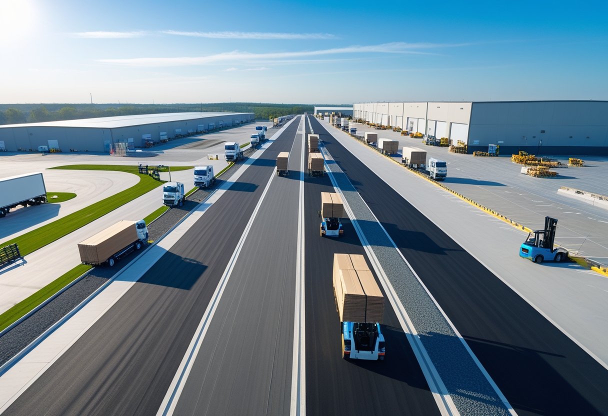 An industrial facility with freshly paved roads, trucks, forklifts, and warehouse buildings under a clear sky.