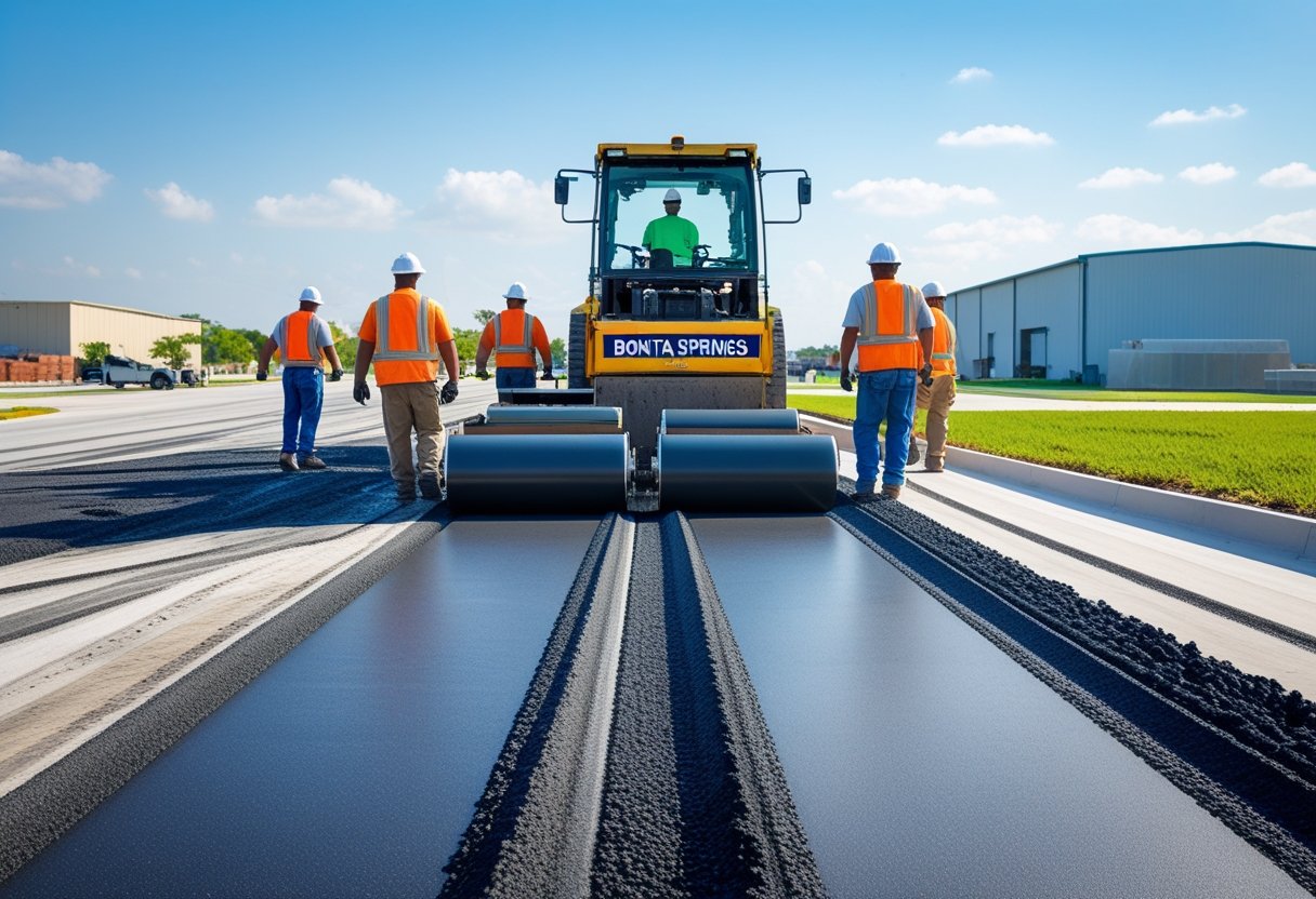 Construction workers operating paving machinery on a newly paved industrial road with buildings and greenery in the background.