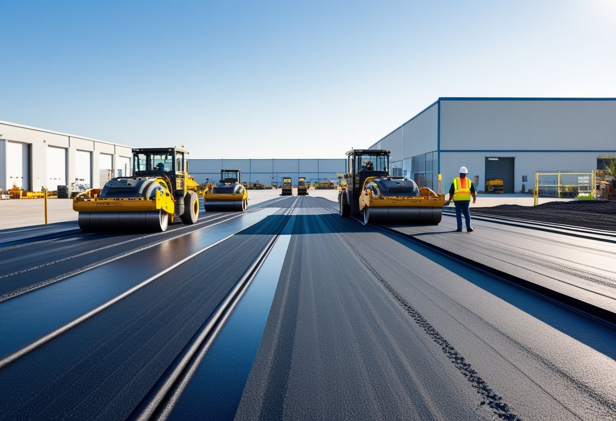 A construction site with workers and machinery paving a smooth industrial asphalt surface near warehouses.