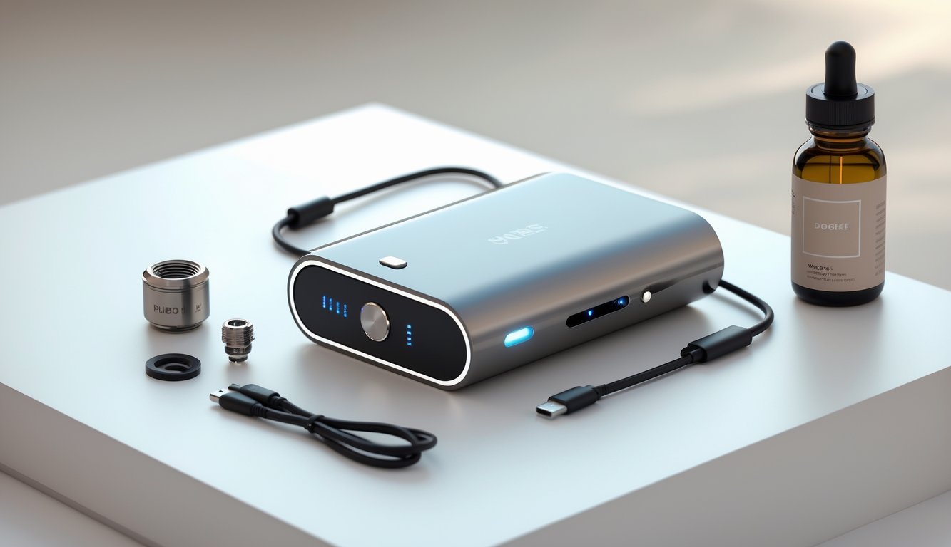 Sebuah perangkat vape mod modern diletakkan di atas permukaan putih dengan aksesori vape seperti kabel pengisi daya dan botol cairan vape di sekitarnya.