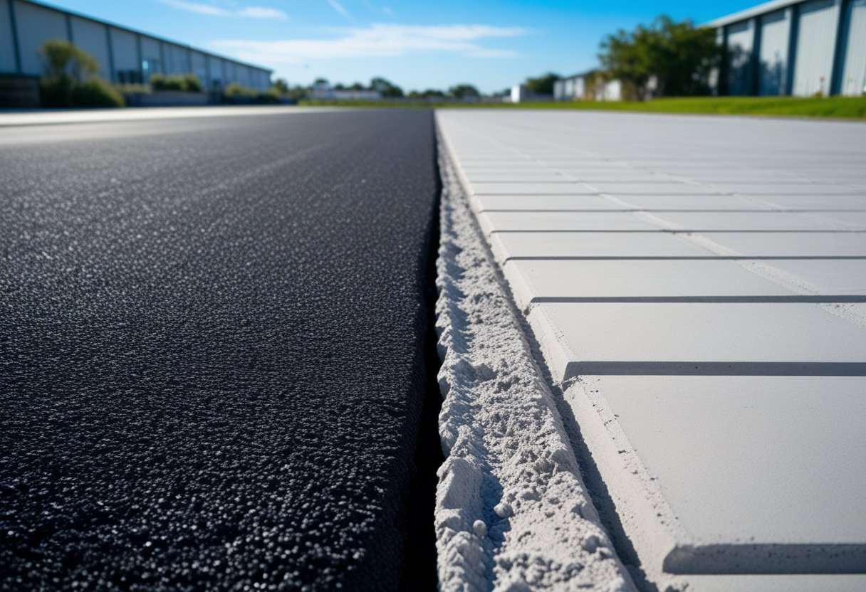 Side-by-side view of black asphalt and gray concrete paving in an outdoor industrial area with buildings and greenery in the background.