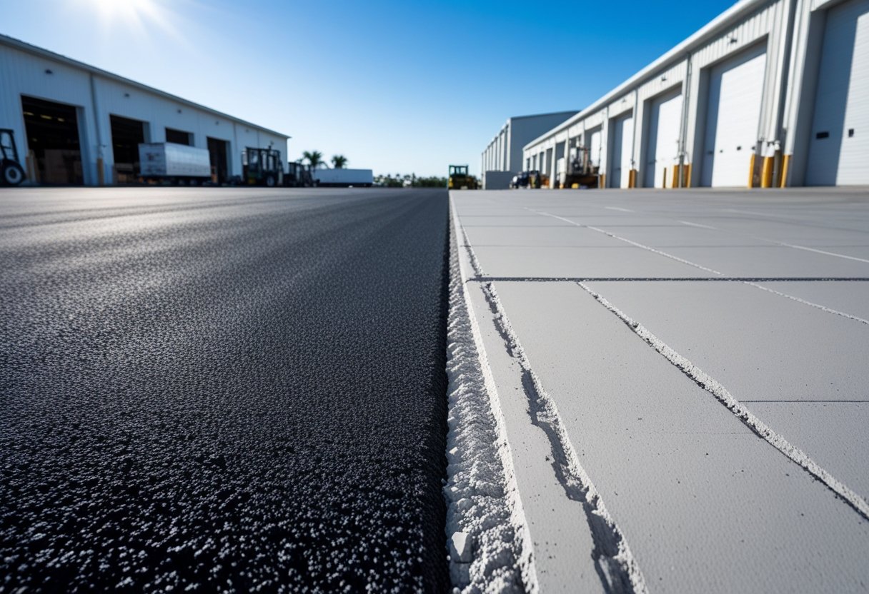 Side-by-side view of asphalt and concrete pavements in an industrial area with warehouses and clear sky.