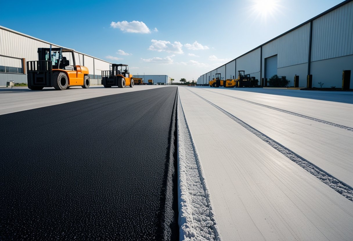Industrial yard in Bonita Springs showing heavy machinery operating on adjacent asphalt and concrete paved surfaces with warehouses in the background.
