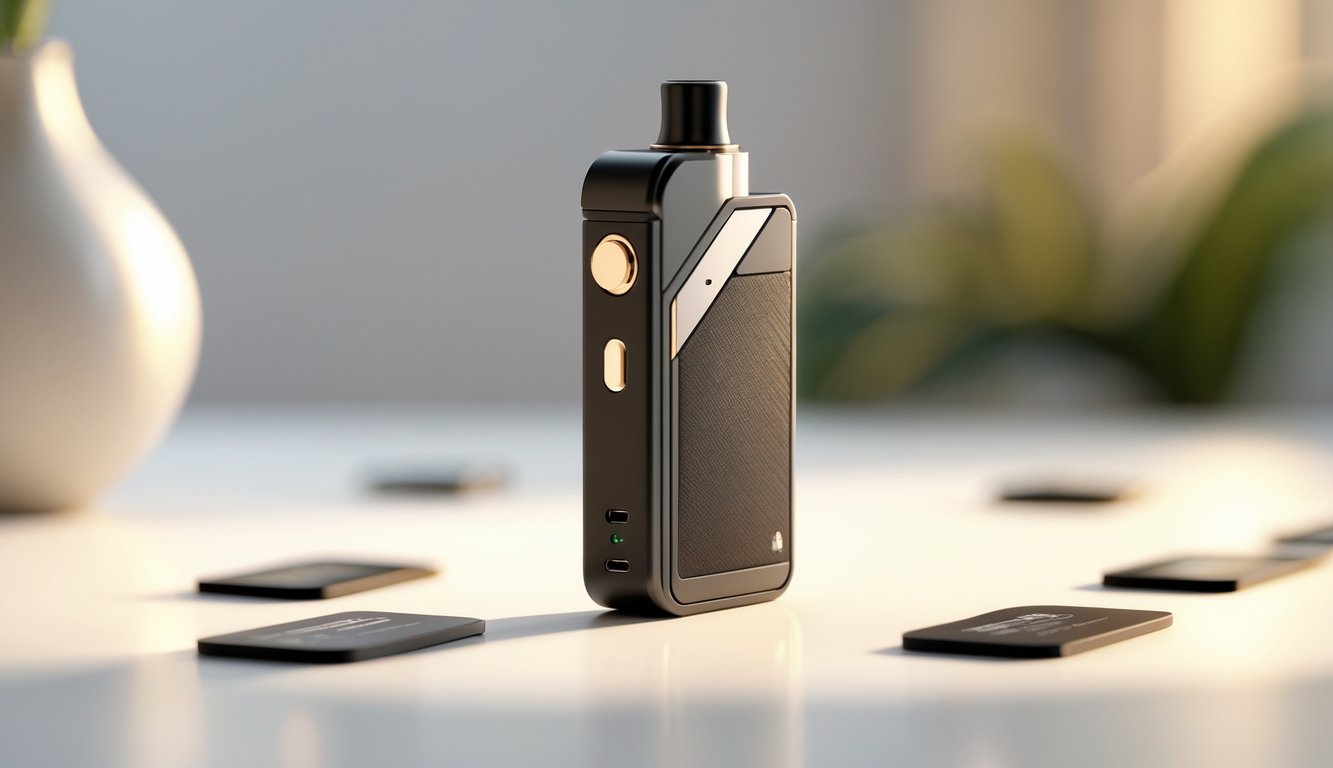 Sebuah perangkat vape mod modern berwarna hitam dan metalik diletakkan di atas permukaan putih dengan latar belakang buram.