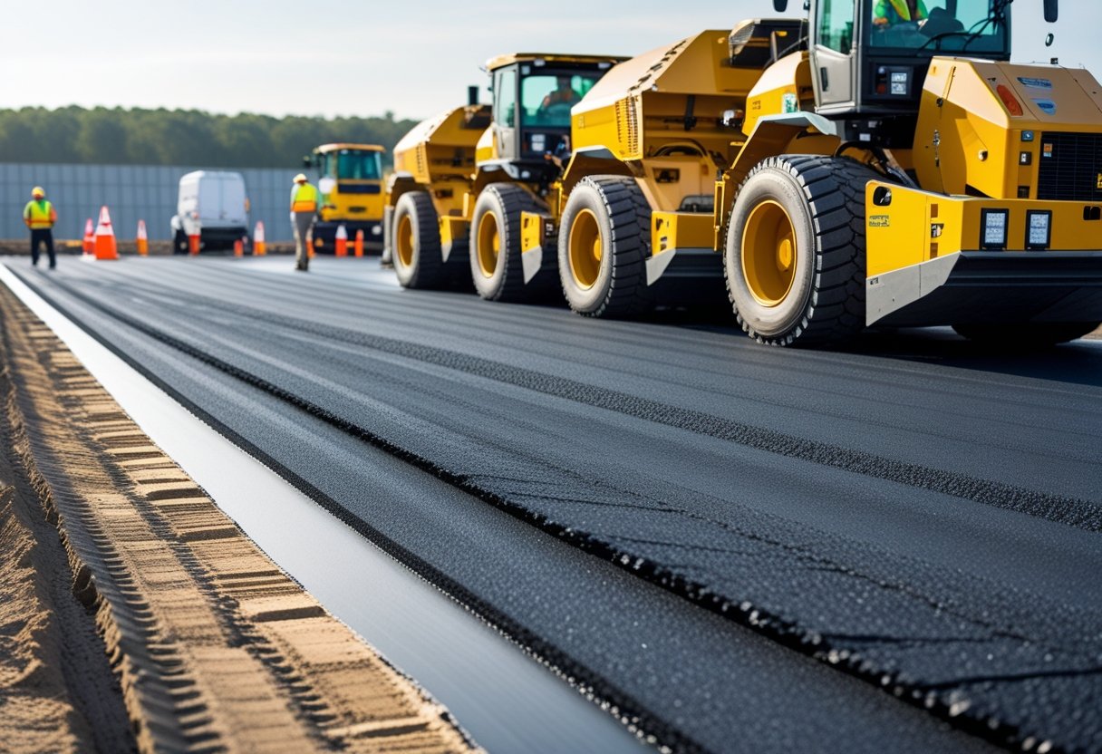 Workers and heavy machinery paving a large road in an industrial area.