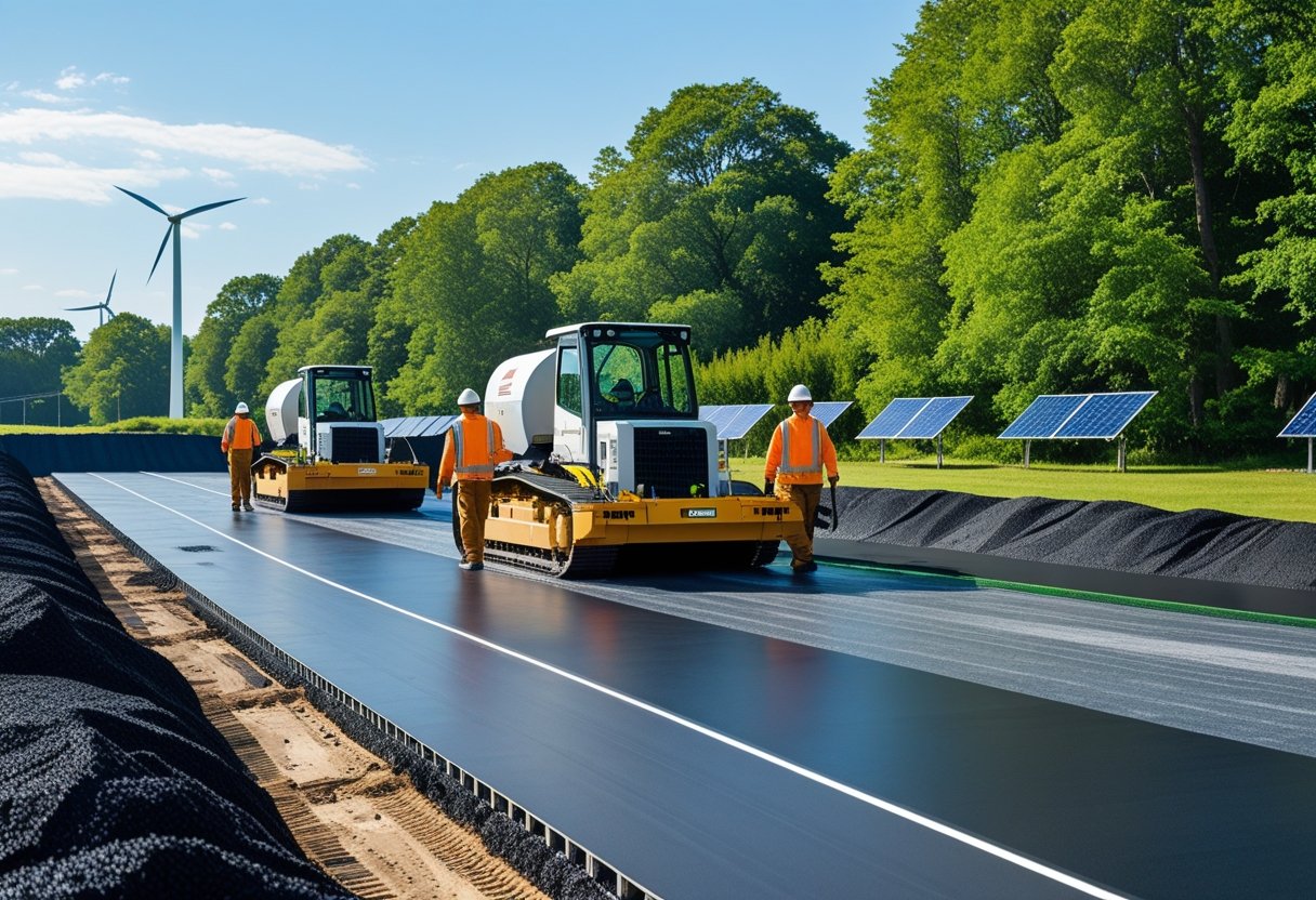 Industrial paving site with workers using eco-friendly machinery surrounded by green trees and clear sky.