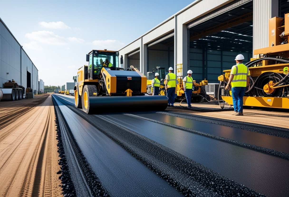 Workers operating an asphalt paving machine on an industrial road with buildings and machinery in the background.