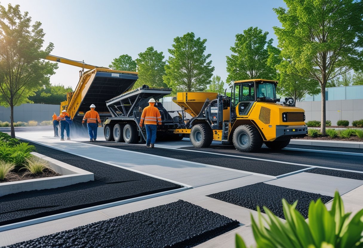 Industrial paving site with workers operating eco-friendly machinery surrounded by green trees and plants.