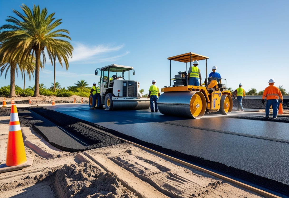 Construction workers operating heavy machinery to pave an asphalt surface with palm trees and clear sky in the background.