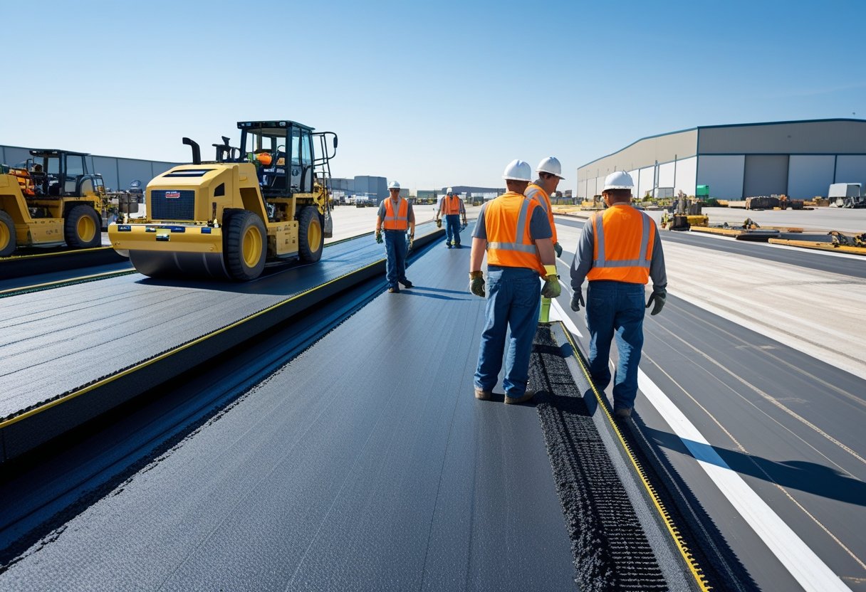 Workers and heavy machinery paving an industrial road near factory buildings during a clear day.