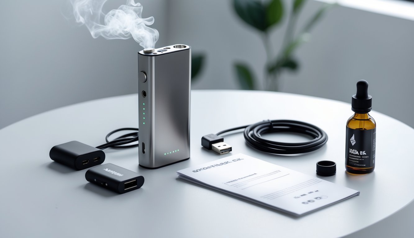 Kit starter vape modern dengan perangkat vape, kabel pengisi daya, manual pengguna, dan botol cairan vape di atas permukaan putih bersih.