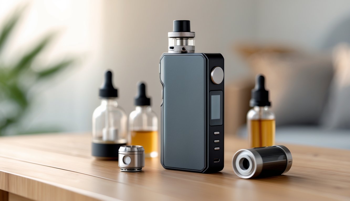 Mod vape murah untuk pemula diletakkan di atas meja kayu dengan beberapa aksesori vape di sekitarnya.