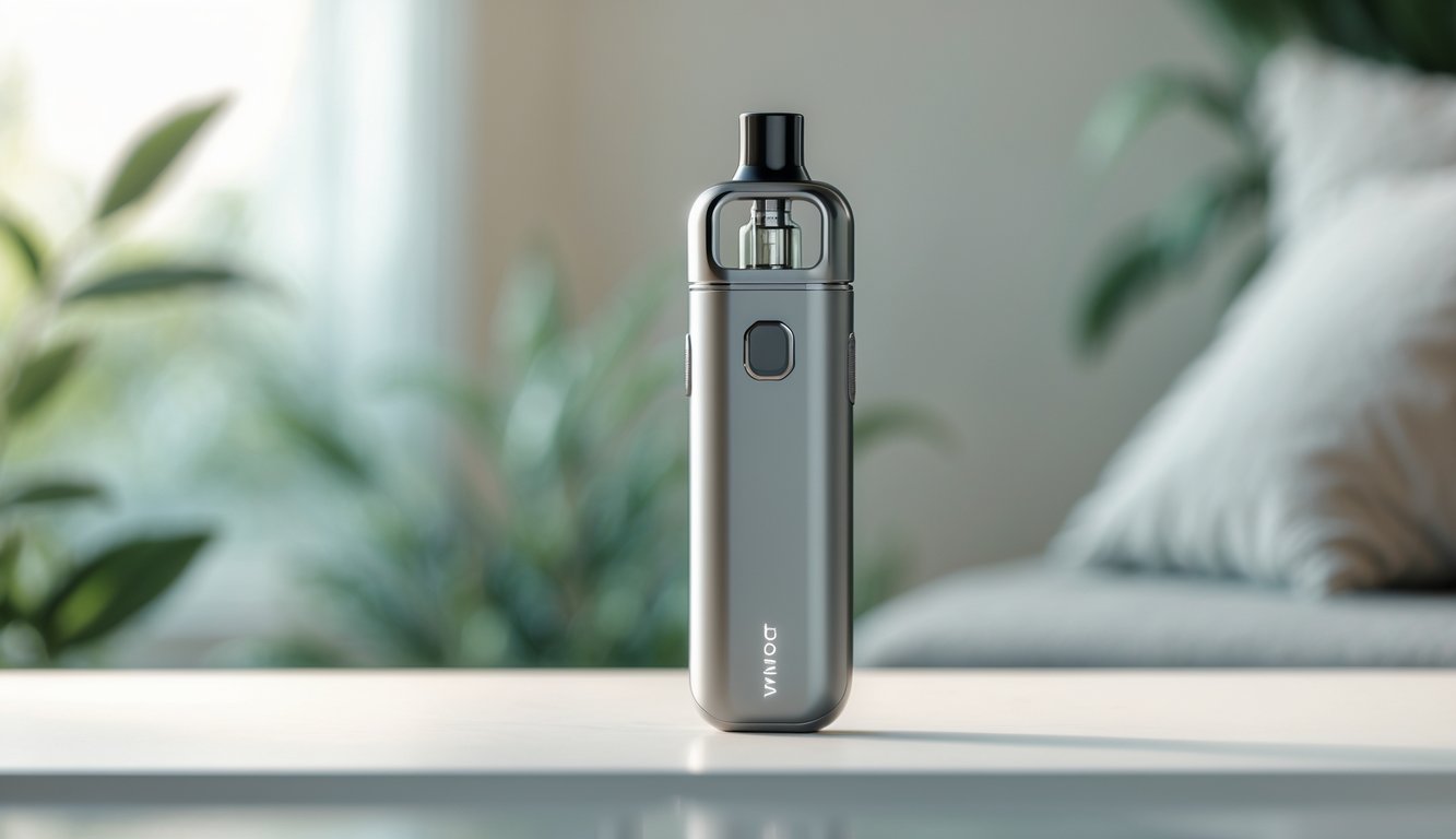 Perangkat vape modern yang ramping diletakkan di atas permukaan bersih dengan latar belakang ruangan yang tenang dan hijau.