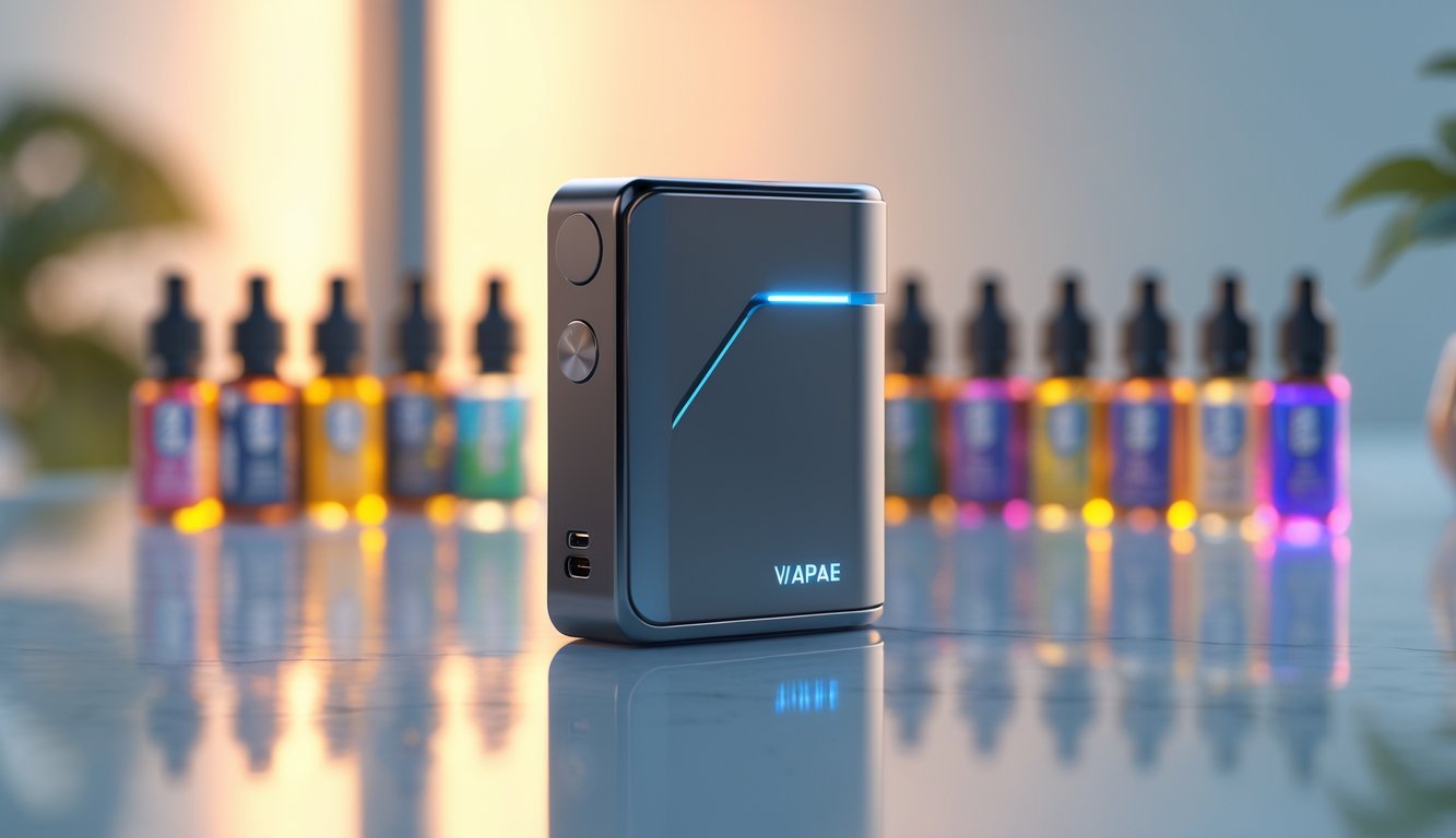 Perangkat vape mod modern dan botol cairan vape berwarna-warni di atas permukaan bersih dengan latar belakang hangat dan kabur.