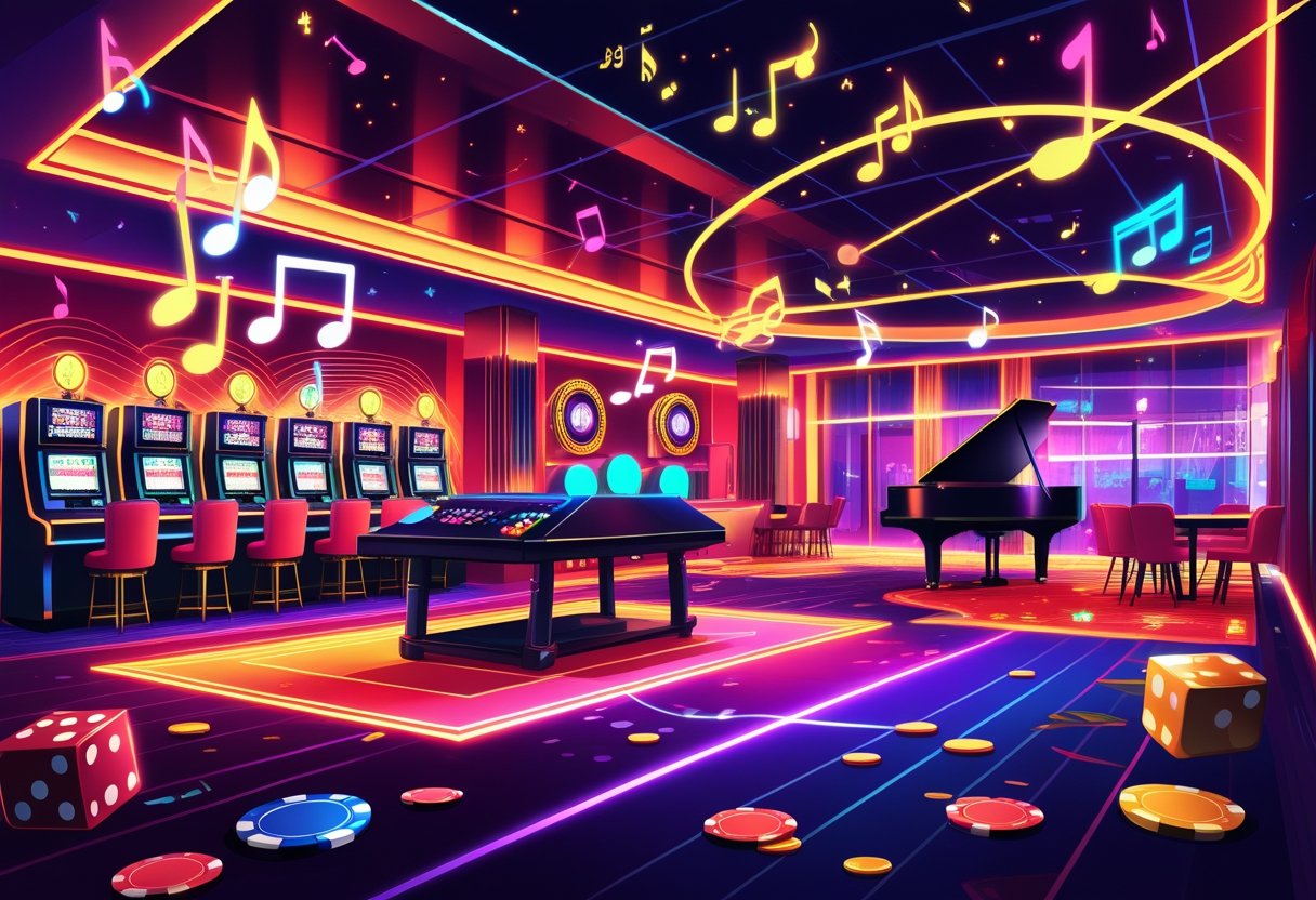 A lively casino scene with slot machines, poker tables, musical notes, and a DJ booth, illustrating the connection between casino gaming and music.