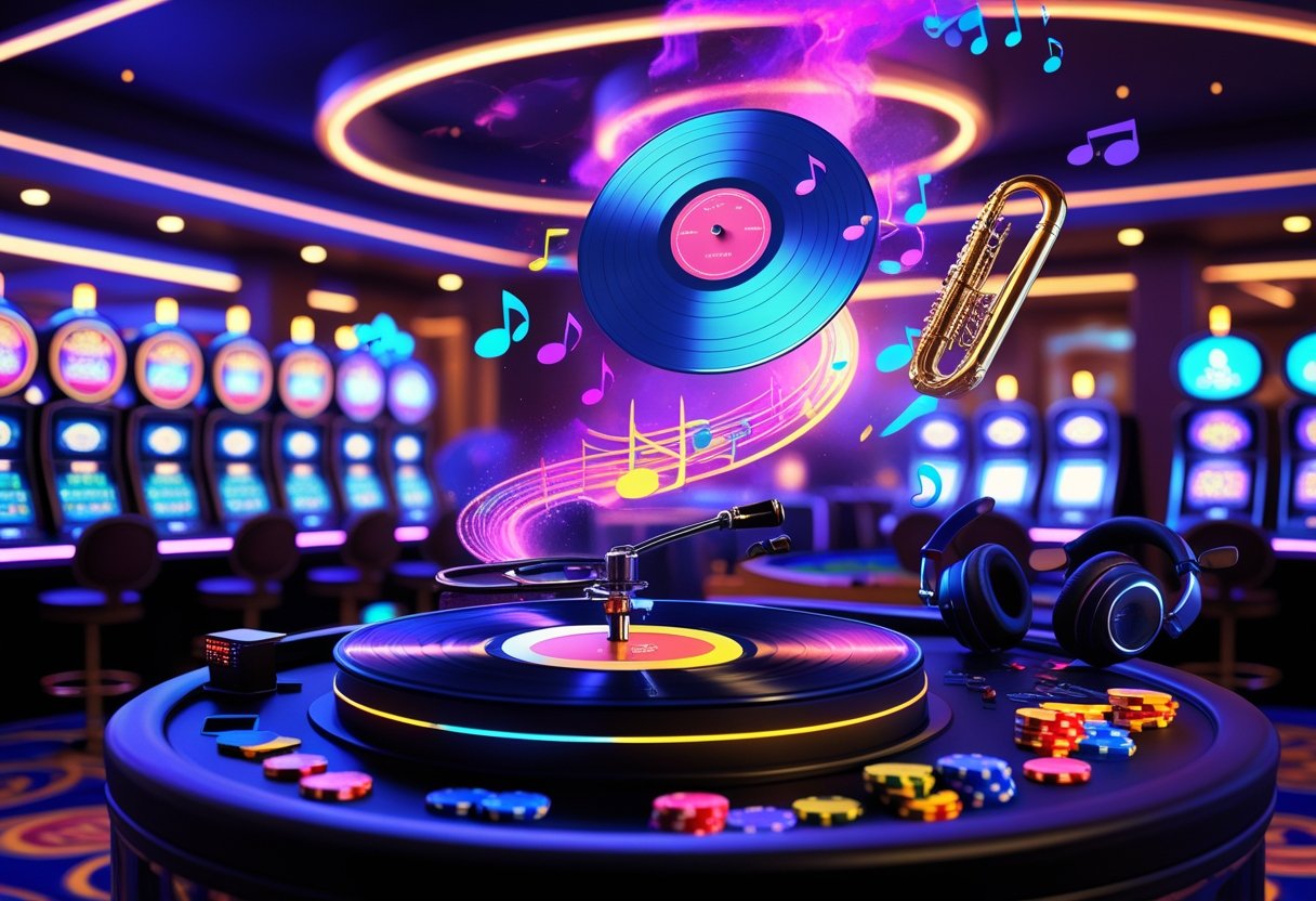 A lively casino scene with slot machines, poker chips, and a vinyl record player emitting colorful musical notes.