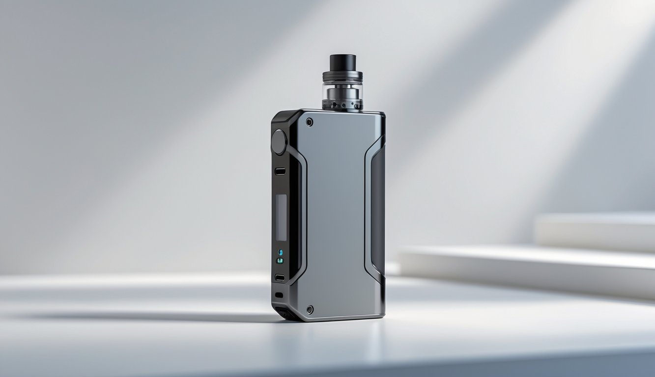 Sebuah perangkat vape mod modern dengan desain ergonomis diletakkan di atas permukaan bersih tanpa teks.